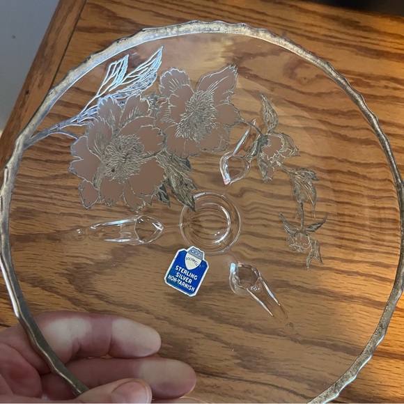 Rockwell Sterling Silver Overlay Floral Three Leg Plate With Label Unused 1950 - Picture 7 of 9